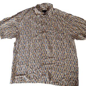 Mens XL Silk Golf Shirt Short-Sleeve Button-Up Geometric Print 100% Silk Shirt
